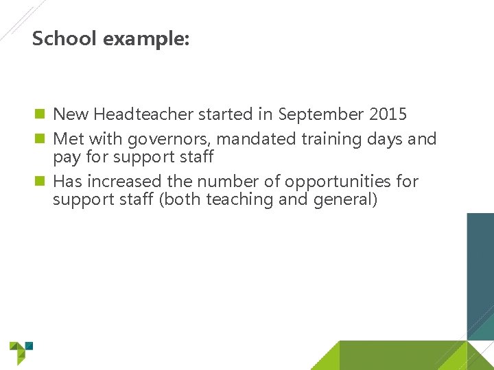 School example: New Headteacher started in September 2015 Met with governors, mandated training days