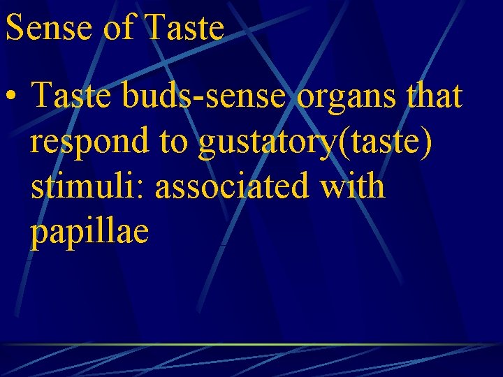 Sense of Taste • Taste buds-sense organs that respond to gustatory(taste) stimuli: associated with