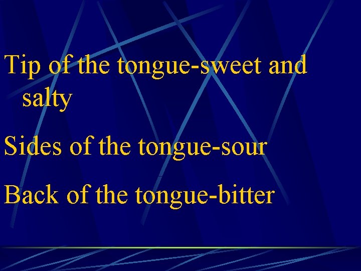 Tip of the tongue-sweet and salty Sides of the tongue-sour Back of the tongue-bitter