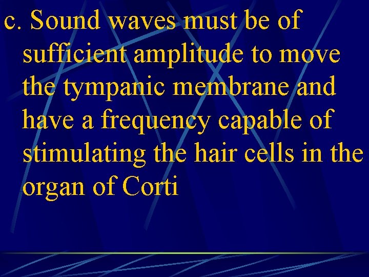 c. Sound waves must be of sufficient amplitude to move the tympanic membrane and