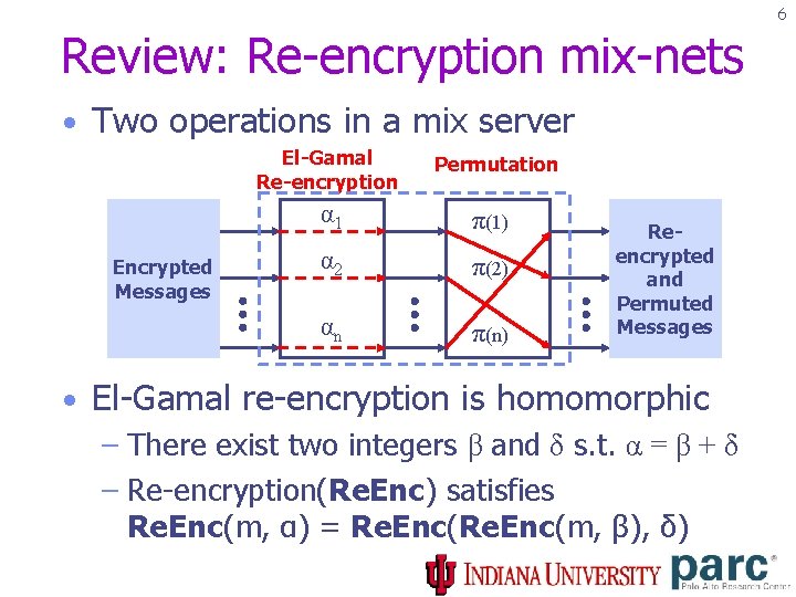 6 Review: Re-encryption mix-nets • Two operations in a mix server El-Gamal Re-encryption Encrypted