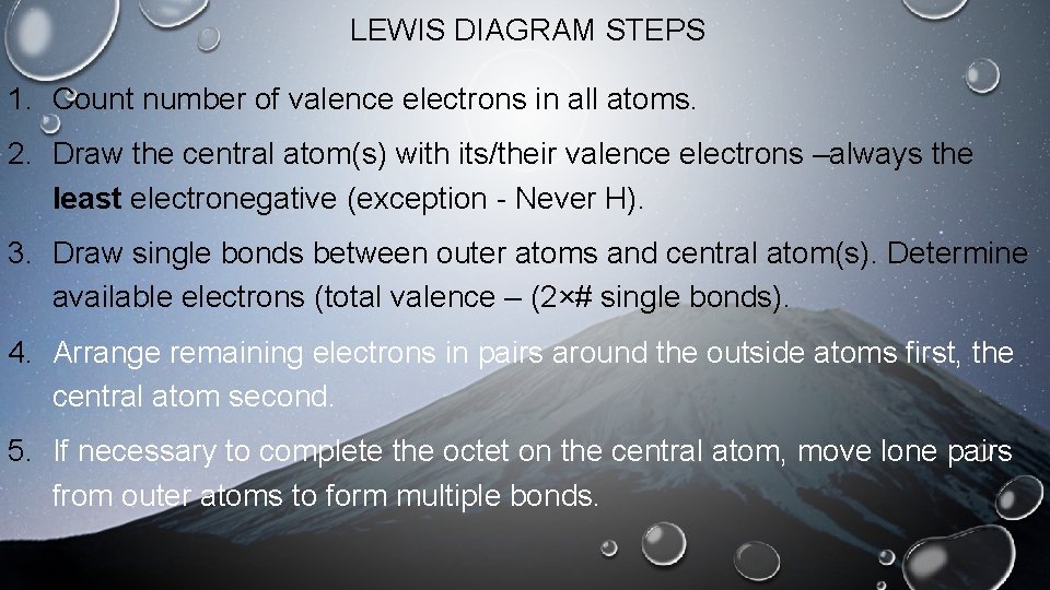LEWIS DIAGRAM STEPS 1. Count number of valence electrons in all atoms. 2. Draw