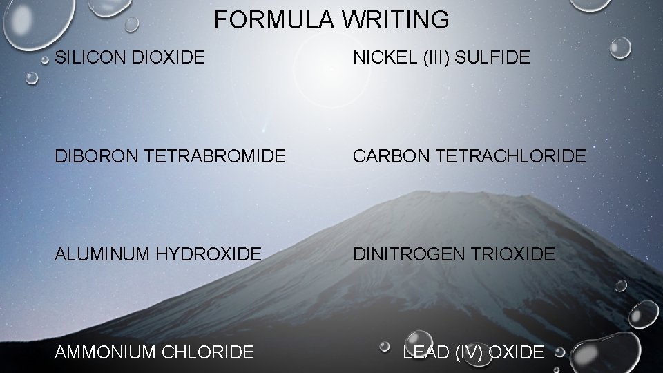 FORMULA WRITING SILICON DIOXIDE NICKEL (III) SULFIDE DIBORON TETRABROMIDE CARBON TETRACHLORIDE ALUMINUM HYDROXIDE DINITROGEN