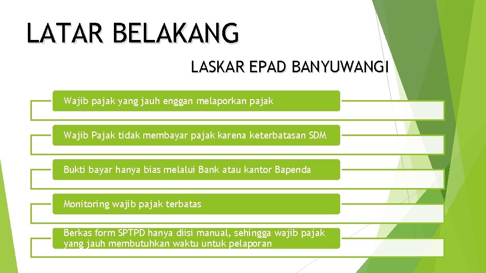 LATAR BELAKANG LASKAR EPAD BANYUWANGI Wajib pajak yang jauh enggan melaporkan pajak Wajib Pajak
