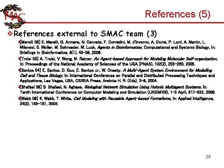 References (5) v. References external to SMAC team (3) [Merelli 06] E. Merelli, G.