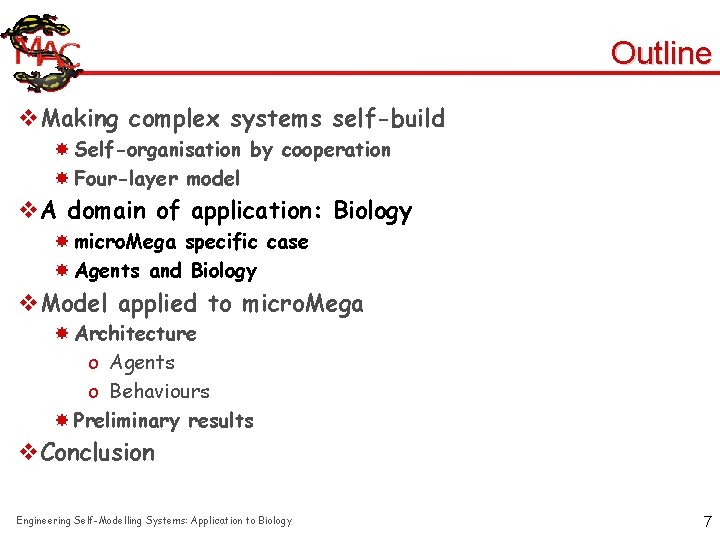 Outline v. Making complex systems self-build Self-organisation by cooperation Four-layer model v. A domain