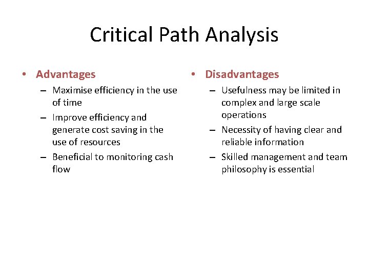 Critical Path Analysis • Advantages – Maximise efficiency in the use of time –