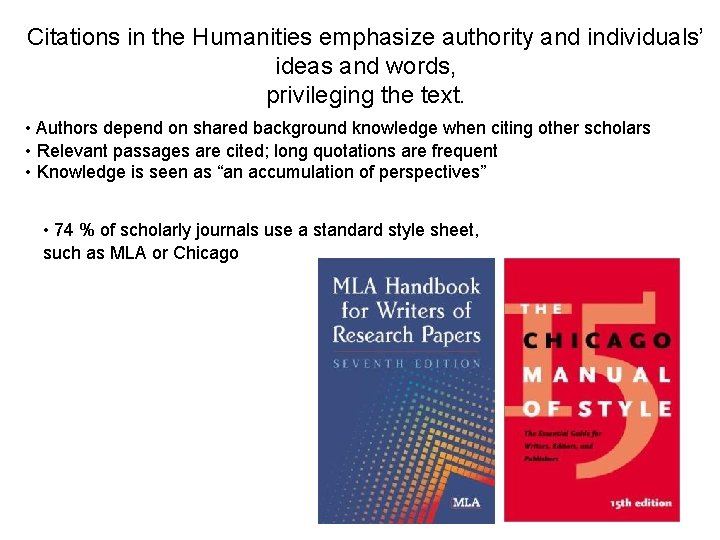 Citations in the Humanities emphasize authority and individuals’ ideas and words, privileging the text.