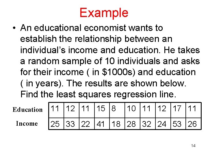 Example • An educational economist wants to establish the relationship between an individual’s income