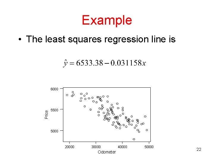 Example • The least squares regression line is Price 6000 5500 5000 20000 30000