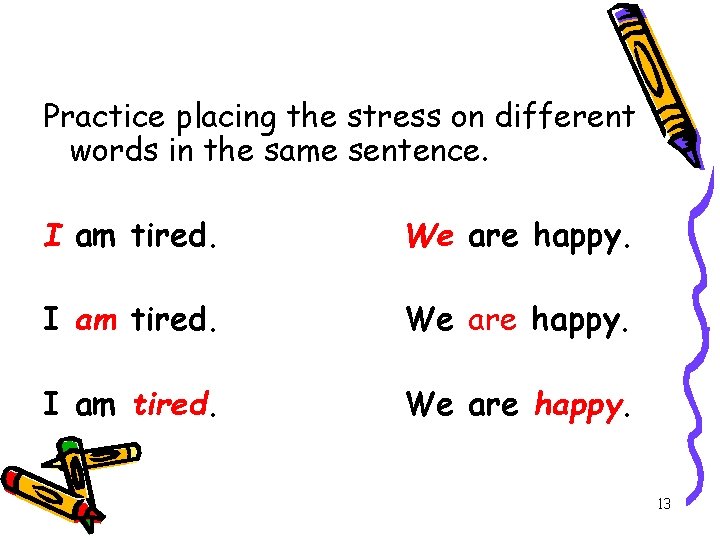 Practice placing the stress on different words in the same sentence. I am tired.