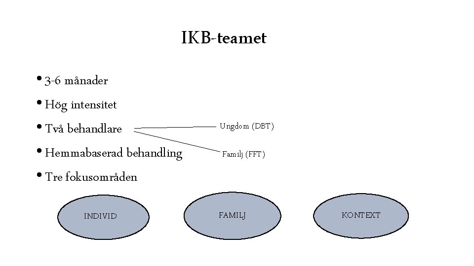 IKB-teamet • 3 -6 månader • Hög intensitet • Två behandlare • Hemmabaserad behandling