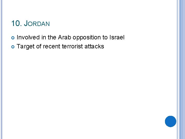 10. JORDAN Involved in the Arab opposition to Israel Target of recent terrorist attacks