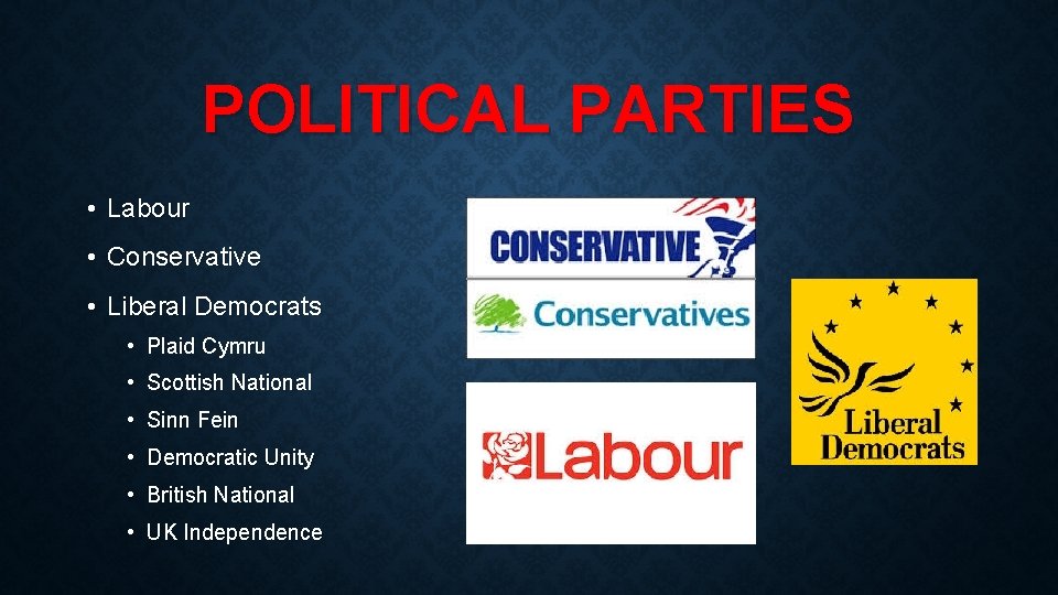 POLITICAL PARTIES • Labour • Conservative • Liberal Democrats • Plaid Cymru • Scottish