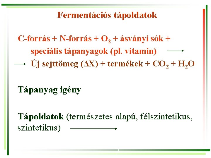 Fermentációs tápoldatok C-forrás + N-forrás + O 2 + ásványi sók + speciális tápanyagok