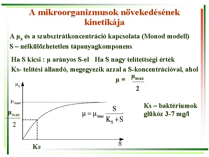 A mikroorganizmusok növekedésének kinetikája A µx és a szubsztrátkoncentráció kapcsolata (Monod modell) S –