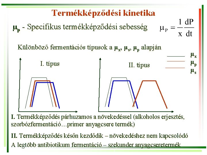 Termékképződési kinetika µp - Specifikus termékképződési sebesség Különböző fermentációs típusok a µx, µs, µp