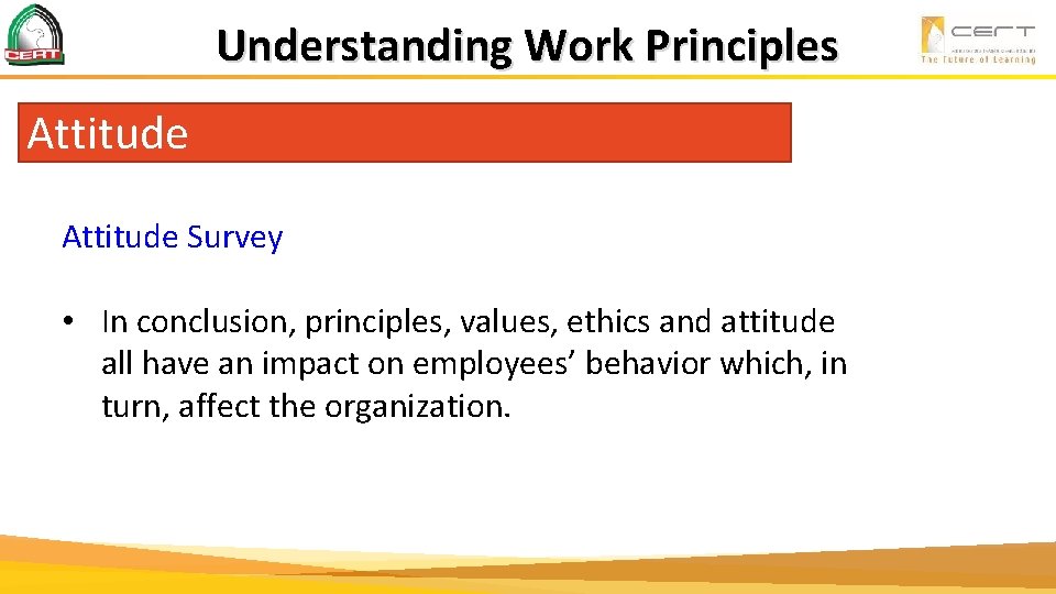 Understanding Work Principles Attitude Survey • In conclusion, principles, values, ethics and attitude all