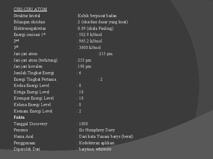 CIRI-CIRI ATOM Struktur kristal Bilangan oksidasi Elektronegativitas Energi ionisasi 1 st 2 nd 3