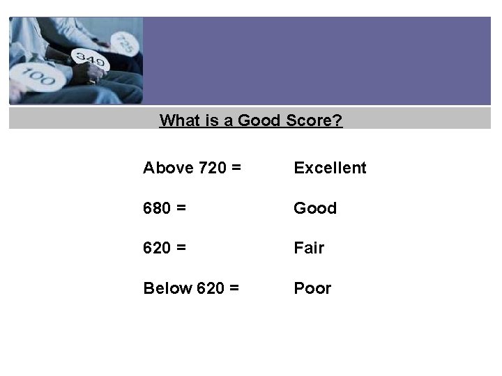 What is a Good Score? Above 720 = Excellent 680 = Good 620 =