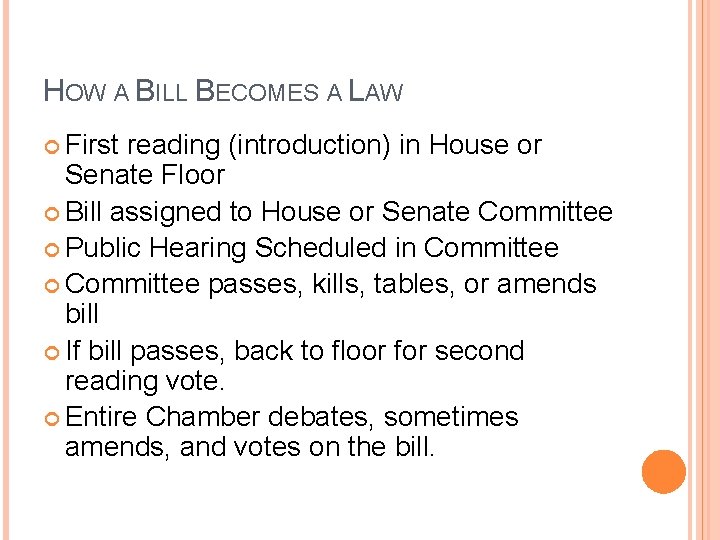 HOW A BILL BECOMES A LAW First reading (introduction) in House or Senate Floor
