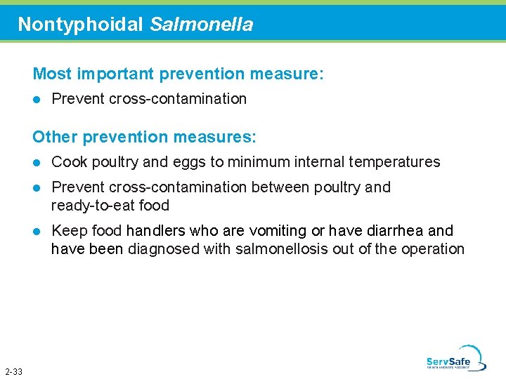 Nontyphoidal Salmonella Most important prevention measure: l Prevent cross-contamination Other prevention measures: 2 -33