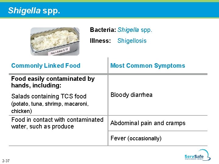 Shigella spp. Bacteria: Shigella spp. Illness: Commonly Linked Food Shigellosis Most Common Symptoms Food