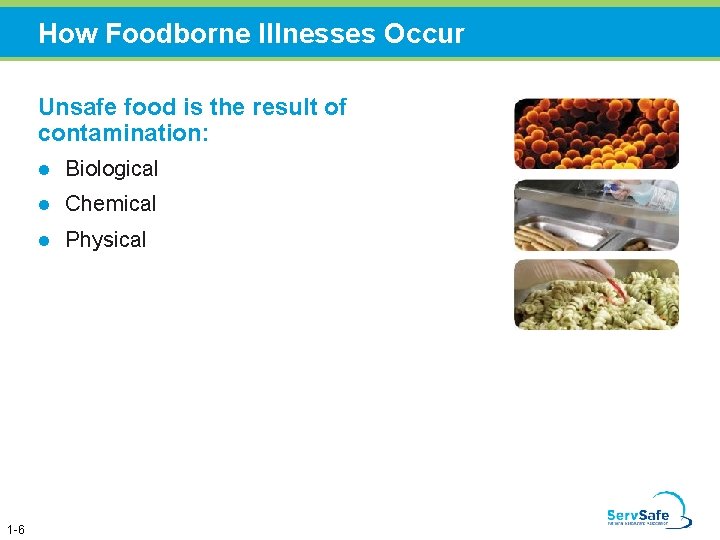 How Foodborne Illnesses Occur Unsafe food is the result of contamination: 1 -6 l