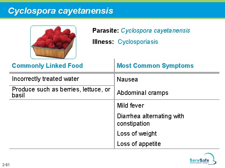 Cyclospora cayetanensis Parasite: Cyclospora cayetanensis Illness: Cyclosporiasis Commonly Linked Food Most Common Symptoms Incorrectly