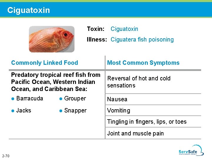 Ciguatoxin Toxin: Ciguatoxin Illness: Ciguatera fish poisoning Commonly Linked Food Most Common Symptoms Predatory