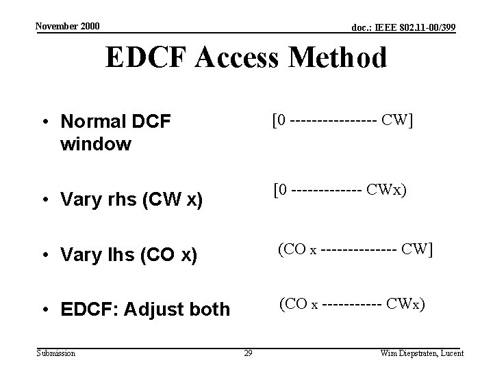 November 2000 doc. : IEEE 802. 11 -00/399 EDCF Access Method • Normal DCF