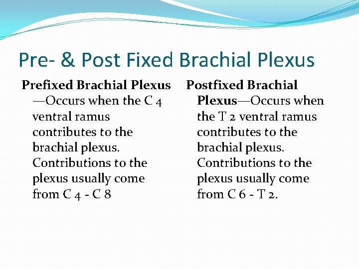 Pre- & Post Fixed Brachial Plexus Prefixed Brachial Plexus —Occurs when the C 4