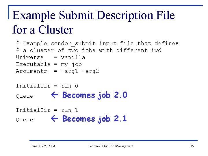 Example Submit Description File for a Cluster # Example condor_submit input file that defines