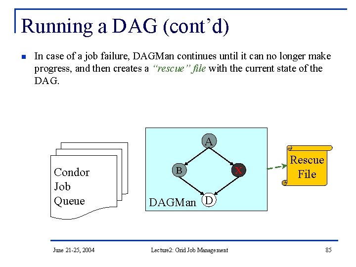 Running a DAG (cont’d) n In case of a job failure, DAGMan continues until