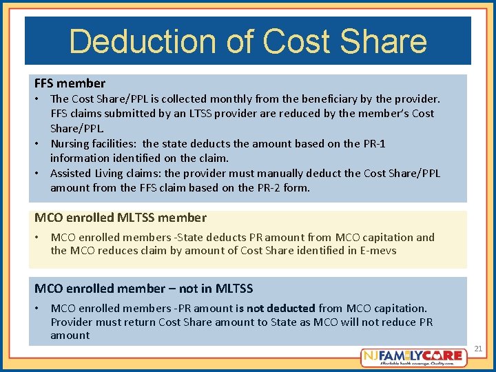 Deduction of Cost Share FFS member • The Cost Share/PPL is collected monthly from