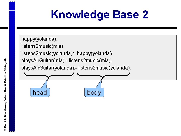 © Patrick Blackburn, Johan Bos & Kristina Striegnitz Knowledge Base 2 happy(yolanda). listens 2