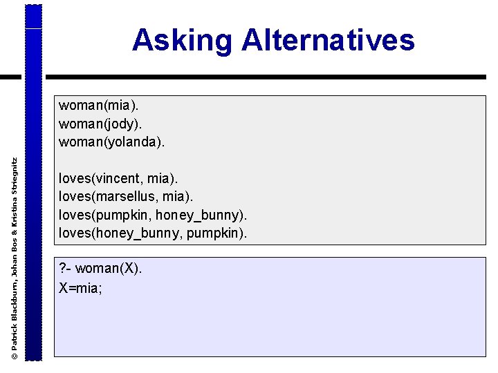 Asking Alternatives © Patrick Blackburn, Johan Bos & Kristina Striegnitz woman(mia). woman(jody). woman(yolanda). loves(vincent,