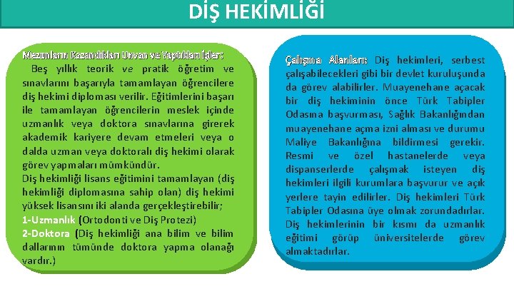 DİŞ HEKİMLİĞİ Mezunların Kazandıkları Unvan ve Yaptıkları İşler: Beş yıllık teorik ve pratik öğretim