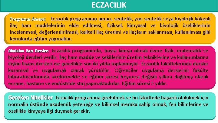 ECZACILIK Programın Amacı: Eczacılık programının amacı, sentetik, yarı sentetik veya biyolojik kökenli ilaç ham