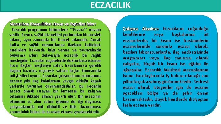 ECZACILIK Mezunların Kazandıkları Unvan ve Yaptıkları İşler: Eczacılık programını bitirenlere “”Eczacı”” unvanı verilir. Eczacı,