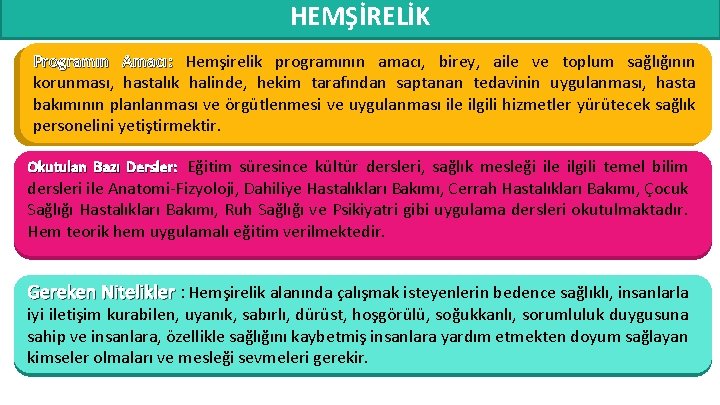 HEMŞİRELİK Programın Amacı: Hemşirelik programının amacı, birey, aile ve toplum sağlığının korunması, hastalık halinde,