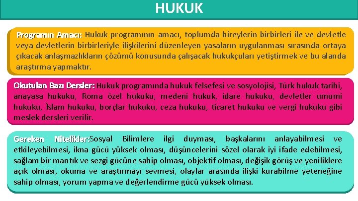 HUKUK Programın Amacı: Hukuk programının amacı, toplumda bireylerin birbirleri ile ve devletle veya devletlerin