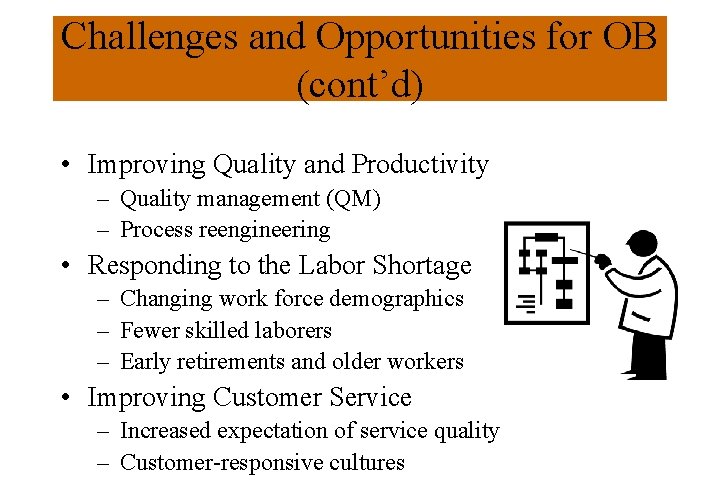 Challenges and Opportunities for OB (cont’d) • Improving Quality and Productivity – Quality management