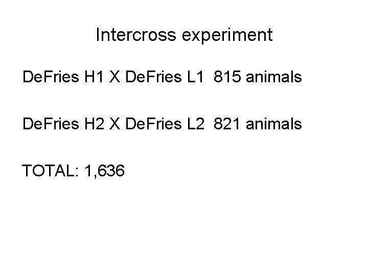 Intercross experiment De. Fries H 1 X De. Fries L 1 815 animals De.