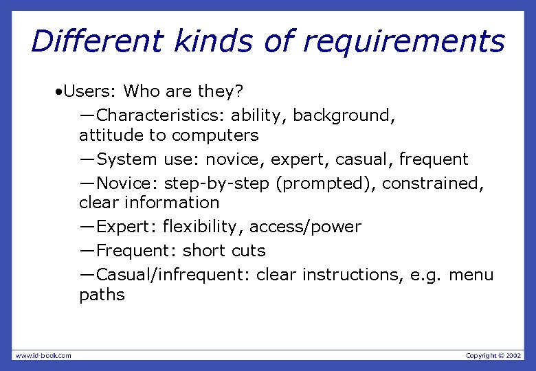 Different kinds of requirements • Users: Who are they? —Characteristics: ability, background, attitude to