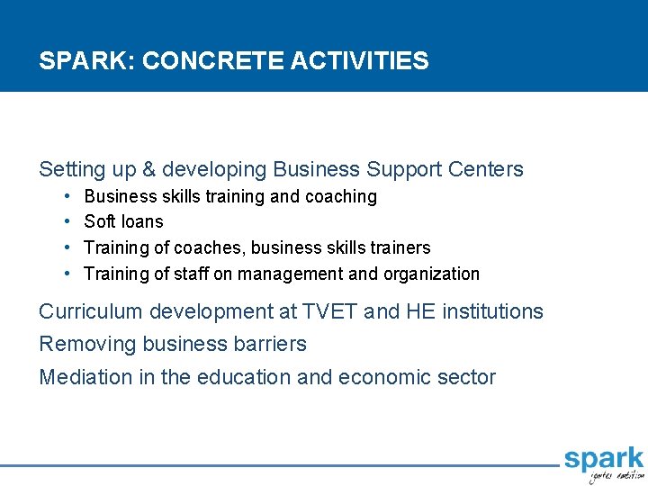 SPARK: CONCRETE ACTIVITIES Setting up & developing Business Support Centers • • Business skills