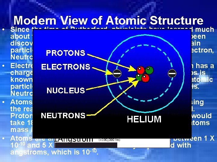 Modern View of Atomic Structure • Since the time of Rutherford, physicists have learned