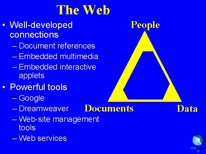 The Web • Well-developed connections People – Document references – Embedded multimedia – Embedded