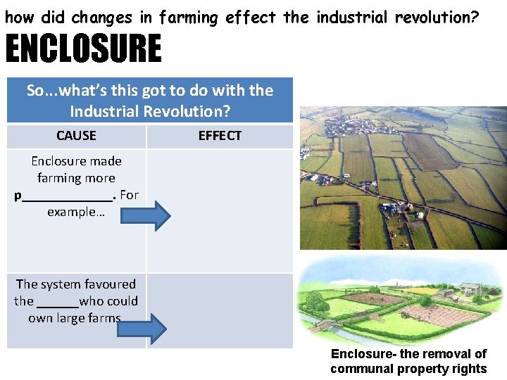 how did changes in farming effect the industrial revolution? ENCLOSURE So. . . what’s