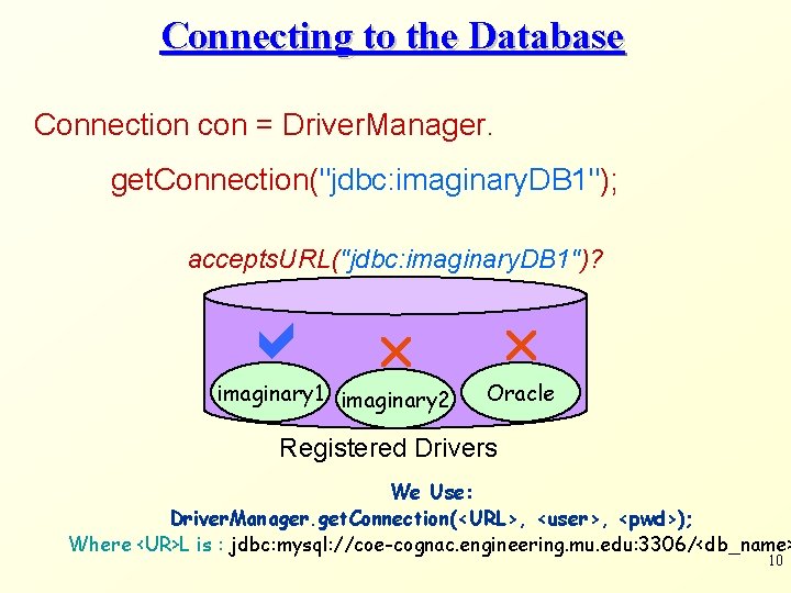Connecting to the Database Connection con = Driver. Manager. get. Connection("jdbc: imaginary. DB 1");